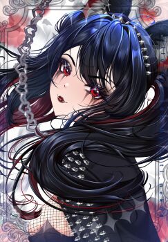 1girl absurdres animal_ear_fluff animal_ears artist_name benchikart black_hair breasts chain commentary commission eyelashes fangs fishnets goth_fashion gothic_punk highres indie_virtual_youtuber jacket leather leather_jacket long_hair makeup multicolored_hair parted_lips punk red_eyes red_hair runny_makeup solo streaked_hair studded_jacket tongue vampykinz virtual_youtuber