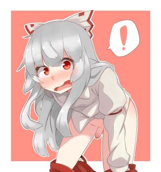 ! 1boy blush border bow clothes_pull collage embarrassed flaccid fujiwara_no_mokou full-face_blush genderswap genderswap_(ftm) hair_bow hans.b long_hair long_sleeves looking_at_viewer male_focus open_mouth outline outside_border pants pants_pull penis pink_background pulling_own_clothes red_eyes shirt small_penis solo spoken_exclamation_mark sweatdrop touhou trap white_border white_hair white_outline white_shirt