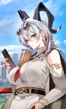 1girl belt black_horns breasts bubble_tea clothing_cutout cloud commentary cup curled_horns disposable_cup dress drinking drinking_straw eyewear_on_head foxyreine grey_dress highres holding holding_phone horns jacket jacket_on_shoulders large_breasts leaning_back long_hair looking_to_the_side multicolored_hair necktie official_alternate_costume outdoors phone railing red_eyes red_nails red_necktie shoulder_cutout sky solo streaked_hair sunglasses sweater sweater_dress turtleneck turtleneck_dress white_hair wuthering_waves zani_(downtown_repose)_(wuthering_waves) zani_(wuthering_waves)