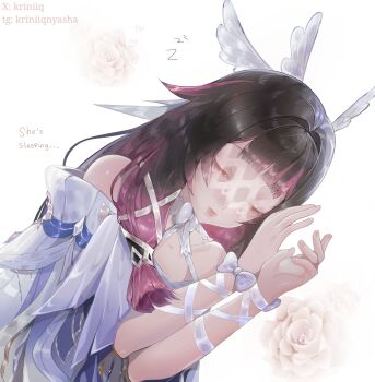 1girl arm_ribbon bare_shoulders black_hair blunt_bangs bow closed_eyes closed_mouth columbina_(genshin_impact) commentary dress english_commentary english_text eye_mask flower genshin_impact hair_ribbon head_wings highres kriniiq long_hair mask multicolored_hair purple_hair ribbon sleeping solo telegram_username twitter_username two-tone_hair upper_body white_bow white_dress white_ribbon wings wrist_bow zzz