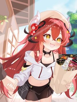 1girl alternate_costume bag beret black_skirt blush commentary_request duel_monster elite_yokan fang hat highres holding holding_bag holding_hands horns long_hair looking_at_viewer midriff open_mouth outdoors red_hair shirt shopping_bag skin_fang skirt smile solo traptrix_allomerus very_long_hair white_hat white_shirt yellow_eyes yu-gi-oh!