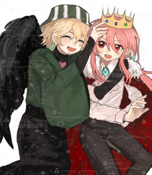 Rule 34 | 2boys, 3327733341, androgynous, animification, ascot, bird wings, bishounen, black wings, blonde hair, blush, brooch, bucket hat, cape, chinese commentary, closed eyes, commentary request, crown, dream smp, earrings, fang, fur-trimmed cape, fur trim, green kimono, hat, highres, humanization, japanese clothes, jewelry, kimono, long hair, male focus, minecraft youtube, multiple boys, open mouth, ph1lza, pink hair, pointy ears, red cape, red eyes, shirt, short hair, simple background, single earring, smile, striped clothes, striped hat, striped headwear, technoblade, too many watermarks, variant set, vertical-striped clothes, vertical-striped headwear, watermark, white ascot, white background, white shirt, wide sleeves, wings