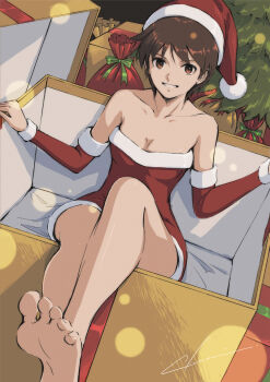 1girl absurdres arm_warmers barefoot box breasts brown_eyes brown_hair christmas christmas_present christmas_tree cleavage commentary_request dress gift hat highres in_box in_container indoors kasugano_sakura looking_at_viewer medium_breasts muted_color parted_lips santa_costume santa_dress santa_hat short_dress short_hair sitting smile solo street_fighter tyanoki very_short_hair