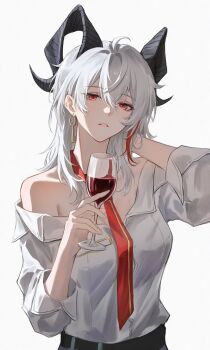 1girl alcohol bare_shoulders belt black_horns cup drinking_glass earrings highres holding holding_cup horns jewelry key kyoshi9977 necktie pants red_necktie shirt solo white_hair white_shirt wine wine_glass wuthering_waves zani_(wuthering_waves)