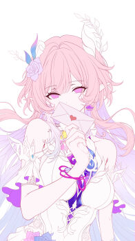 1girl absurdres aqua_hair bare_shoulders breasts commentary_request cyrene_(honkai:_star_rail) cyrene_(ripples_of_past_reverie)_(honkai:_star_rail) dress earrings flower hair_flower hair_ornament highres holding holding_letter honkai:_star_rail honkai_(series) jewelry kaerbin large_breasts letter long_hair looking_at_viewer multicolored_hair pink_hair pointy_ears purple_eyes simple_background solo upper_body very_long_hair white_background white_dress white_hair
