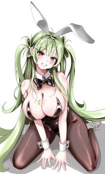 1girl animal_ears bare_shoulders black_leotard blush breasts brown_pantyhose chu.n collar fake_animal_ears goddess_of_victory:_nikke grey_hair grin huge_breasts kneeling leotard long_hair looking_at_viewer pantyhose playboy_bunny purple_eyes rabbit_ears shoes simple_background smile sneakers soda_(nikke) soda_(twinkling_bunny)_(nikke) solo white_background wrist_cuffs