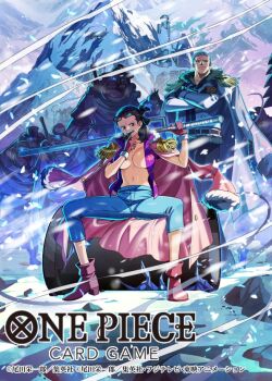 Rule 34 | 1girl, 6+boys, bashikou, boots, breasts, cigar, cleavage, coat, coat on shoulders, commentary request, copyright name, crossed arms, denim, epaulettes, eyewear on head, full body, gal (one piece), gloves, hair bun, holding, holding weapon, jeans, jitte, looking at viewer, mountain, multiple boys, navel, official art, one piece, one piece card game, open clothes, open shirt, pants, pink boots, purple shirt, shirt, sitting, smoker (one piece), snowing, stitched face, stitches, tashigi, undercut, weapon, white coat, white hair, wind