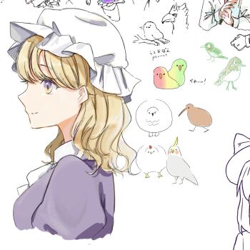 2girls bird bird_request blonde_hair bow bowtie chicken collar commentary dress facing_away happy hat hat_bow head_out_of_frame kiwi_(bird) long_sleeves maribel_hearn medium_hair mob_cap multicolored_eyes multiple_girls multiple_others parakeet parrot poteimo_(poteimo622) puffy_sleeves purple_dress purple_eyes simple_background sleeve_cuffs smile sparrow too_many too_many_birds touhou two-tone_eyes usami_renko white_background white_bow white_bowtie white_collar white_hat yellow_eyes