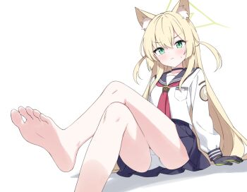 1girl :< animal_ear_fluff animal_ears arm_support barefoot black_choker black_gloves black_sailor_collar black_skirt blonde_hair blue_archive blush chinese_commentary choker closed_mouth collarbone commentary_request crossed_legs double-parted_bangs feet foot_out_of_frame fox_ears gloves green_eyes green_gloves green_halo hair_between_eyes halo highres jyt knees_up kurumi_(blue_archive) long_hair long_sleeves looking_at_viewer miniskirt multicolored_gloves neckerchief panties pantyshot pleated_skirt puffy_long_sleeves puffy_sleeves red_neckerchief sailor_collar school_uniform serafuku shirt simple_background sitting skirt soles solo sweatdrop toes two-tone_gloves two_side_up underwear very_long_hair white_background white_panties white_shirt