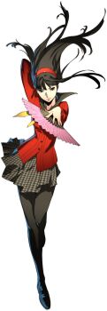 1girl amagi_yukiko black_eyes black_hair folding_fan full_body hairband hand_fan hand_in_own_hair highres houndstooth legs long_hair looking_at_viewer official_art oribe_hanako pantyhose persona persona_4 persona_4:_the_ultimate_in_mayonaka_arena school_uniform serafuku simple_background skirt smile solo sweater third-party_source transparent_background yasogami_school_uniform