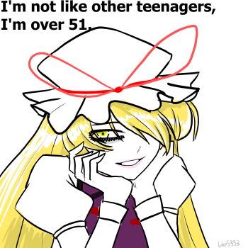 1girl blonde_hair commentary english_commentary english_text grin hair_over_one_eye hands_on_own_cheeks hands_on_own_face hat hat_ribbon head_rest highres juliet_sleeves long_hair long_sleeves looking_at_viewer luke5353 meme mob_cap open_mouth puffy_sleeves purple_tabard red_ribbon ribbon shirt simple_background smile solo swept_bangs tabard touhou upper_body white_background white_hat white_shirt yakumo_yukari yellow_eyes