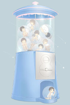 6+boys absurdres alk black_hair bottomless capsule closed_eyes fetal_position gashapon grey_hair highres long_shirt male_focus mini_person miniboy multiple_boys original shirt short_hair shota sleeping t-shirt very_short_hair white_shirt