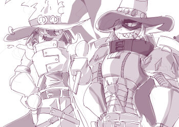 Rule 34 | armor, belt, digimon, digimon (creature), flawizarmon, hat, highres, looking at another, magnakidmon, scarf, smile