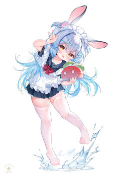 1girl absurdres animal_ears apron blue_hair blue_sailor_collar blue_serafuku blue_shirt blue_skirt bow bowtie bracelet chinese_commentary commentary english_commentary feet frilled_apron frills full_body gradient_hair grey_hair hair_intakes hair_ornament highres holding holding_plate jewelry long_hair looking_at_viewer maid_apron maid_headdress mixed-language_commentary multicolored_hair multilingual_commentary no_shoes open_mouth original plate pleated_skirt pom_pom_(clothes) pom_pom_hair_ornament rabbit_ears rabbit_girl rabbit_hair_ornament red_bow red_bowtie sailor_collar school_uniform serafuku shirt skindentation skirt smile solo splashing standing suaynnai_wanzi thighhighs two-tone_hair two_side_up very_long_hair w waist_apron white_apron white_thighhighs x_hair_ornament xiaoluobo_tu_tangni yellow_eyes