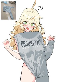 Rule 34 | !, 1girl, @ @, absurdres, ahoge, asymmetrical clothes, blonde hair, blush, breasts, commentary, green eyes, grey sweater, hands up, highres, large breasts, long hair, long sleeves, looking down, original, photo-referenced, reference inset, sideless sweater, single pantsleg, single sleeve, sleeveless, sleeveless sweater, sleeves past wrists, solo, spoken exclamation mark, sweater, symbol-only commentary, text print, thighs, wonbin lee