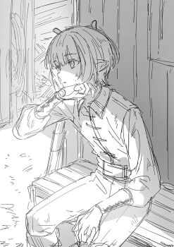 1girl blunt_bangs bob_cut collared_shirt commentary english_commentary greyscale hololive hololive_english indoors long_sleeves monochrome ninomae_ina'nis ninomae_ina'nis_(artist) pants parted_lips pointy_ears puffy_long_sleeves puffy_sleeves self-portrait shirt shirt_tucked_in short_hair sitting sketch solo unfinished virtual_youtuber