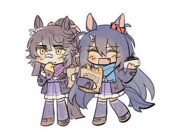 2girls ^_^ absurdres animal_ears bag bandaid bandaid_on_face bandaid_on_nose black_coat black_hair blue_scarf blue_shirt blue_skirt blue_thighhighs blush_stickers bow bowtie brooch brown_hair brown_shoes chibi closed_eyes coat crumbs dark-skinned_female dark_skin ear_ornament ear_scrunchie eating expressionless fang food fringe_trim gold_buttons grocery_bag hair_between_eyes hair_ornament hairclip happy high-waist_skirt highres hishi_amazon_(umamusume) holding holding_bag holding_food horse_ears horse_girl horse_tail hwipa_(param_blue) jewelry long_hair long_hair_between_eyes long_sleeves looking_ahead miniskirt multiple_girls narita_brian_(umamusume) open_clothes open_coat open_mouth pleated_skirt ponytail purple_scarf red_scrunchie rope scarf school_uniform scrunchie shimenawa shirt shoes shopping_bag simple_background skirt sleeves_past_wrists standing striped_clothes striped_scrunchie sweet_potato tail taiyaki takoyaki thighhighs tracen_school_uniform umamusume uwabaki very_long_hair wagashi white_background white_bow white_bowtie winter_clothes winter_coat winter_uniform yellow_eyes zettai_ryouiki