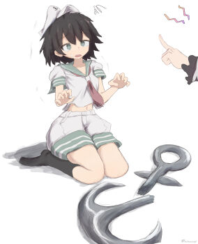absurdres anchor black_hair black_socks broken collared_shirt commentary_request green_eyes hat highres hijiri_byakuren isgod midriff murasa_minamitsu navel neckerchief on_floor red_neckerchief sailor_collar shirt short_hair short_sleeves shorts sitting socks touhou white_background white_hat white_shirt white_shorts
