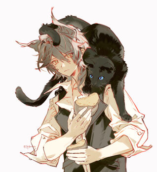 1boy animal animal_ears animal_on_shoulder arknights black_cat blue_eyes bread cat cat_boy cat_ears cat_on_shoulder closed_mouth collared_shirt food grey_hair highres holding holding_food male_focus miss_christine_(arknights) multiple_tails phantom_(arknights) shirt short_hair simple_background solo tail two_tails upper_body vest white_background white_shirt yellow_eyes yuji_(fantasia)
