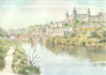 arch bare_tree bridge building castle commentary_request day landscape no_humans original outdoors painting_(medium) paruperu path real_world_location reflection reflective_liquid river road scenery sky spain traditional_media tree water watercolor_(medium)