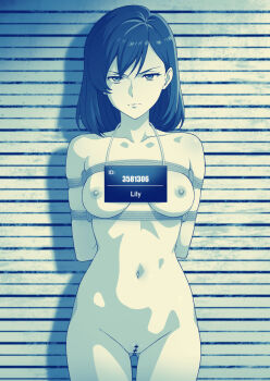 Rule 34 | 1girl, arms behind back, bar censor, bdsm, bondage, bound, breasts, censored, commentary request, completely nude, highres, lily (nier:automata), medium breasts, medium hair, mugshot, nier:automata, nier (series), nipples, nude, prison, prisoner, pussy, scowl, shibari, teba motoko