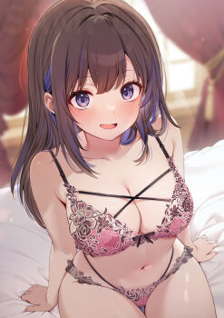 1girl bedroom blue_hair blush bra breasts brown_hair cleavage colored_inner_hair commentary cowboy_shot criss-cross_straps curtains fang floral_print floral_print_bra floral_print_panties from_above fujisaki_hikari highres indoors long_hair looking_at_viewer medium_breasts multicolored_hair navel on_bed open_mouth original panties pink_bra pink_panties print_panties purple_eyes sitting smile solo sunlight thigh_gap two-tone_hair underwear underwear_only window