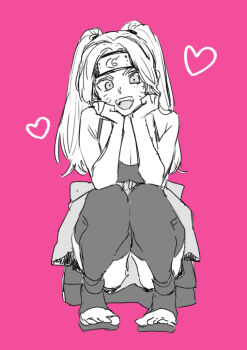 1girl black_thighhighs breasts cleavage forehead_protector full_body genderswap genderswap_(mtf) long_hair looking_at_viewer naruko_(naruto) naruto_(classic) naruto_(series) open_mouth simple_background smile solo thighhighs uzimusi_fgo