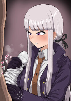 1girl absurdres blush clenched_teeth clothed_female_nude_male danganronpa:_trigger_happy_havoc danganronpa_(series) grey_hair handjob highres kilokhilioi kirigiri_kyoko long_hair looking_at_viewer nude parted_lips purple_eyes single_sock sock_on_penis sockjob socks steam teeth unworn_socks white_socks
