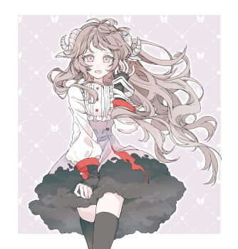 Rule 34 | 1girl, :d, animal ears, arknights, bandages, black dress, black thighhighs, border, brown hair, buttons, commentary, cowboy shot, curled horns, dotted line, dress, english commentary, eyjafjalla (arknights), frills, grey horns, hand in own hair, hand up, highres, horns, long hair, looking at viewer, nrk (user epnw5554), open mouth, outside border, pink background, pink dress, pink eyes, sheep ears, sheep girl, sheep horns, smile, solo, standing, thighhighs, white border, white dress