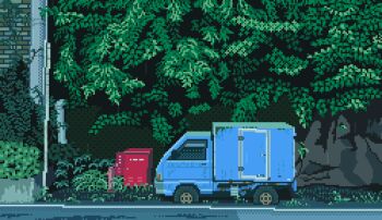 alliko6mg animated animated_gif brick_wall dithering fence grass industrial_pipe looping_animation motor_vehicle no_humans original outdoors pixel_art plant postbox_(outgoing_mail) rain road road_sign sign street truck vines wheel