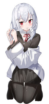 Rule 34 | 1girl, absurdres, black pantyhose, black skirt, black sweater, choppy bangs, closed mouth, collared shirt, commentary, full body, hair ornament, hair tie, hair tie in mouth, hakase fuyuki, highres, jacket, jacket partially removed, kneeling, layered sleeves, long hair, long sleeves, looking at viewer, low twintails, medium hair, miniskirt, mouth hold, neck ribbon, nijisanji, no shoes, pantyhose, pleated skirt, red eyes, red ribbon, ribbon, rock 6lira, school uniform, shirt, simple background, skirt, solo, sweater, twintails, tying hair, v-neck, virtual youtuber, white background, white hair, white jacket, white shirt