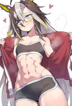 1girl abs ai-generated animal_ears artist_request bell black_bra black_choker black_hair black_panties black_shorts black_tail blonde_hair blue_eyes blush bra breasts choker closed_mouth collarbone colored_inner_hair dream_journey_(umamusume) ear_ornament female_focus flat_chest glasses hair_between_eyes hair_over_one_eye heart highres horse_ears horse_girl horse_tail jacket legs loli long_sleeves midriff multicolored_eyes multicolored_hair navel no_bra panties purple_eyes red_jacket sexually_suggestive short_shorts shorts shoulder_blush simple_background small_breasts smile solo solo_focus sports_bikini sports_bra sports_panties sportswear stomach sweat sweatdrop tail thighs top_uma_illust two-tone_eyes two-tone_hair umamusume underwear white_background white_hair