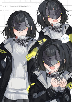 1girl arknights arknights:_endfield black_coat black_hair blindfold_mask blush coat commentary_request endministrator_(arknights) fan_request female_endministrator_(arknights) grid_background highres kuramoto_beta-carotene mask multiple_views odaibako open_clothes open_coat own_hands_together request_inset short_hair simple_background solo sweater translation_request white_sweater