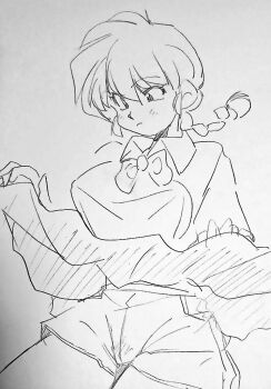 1girl blush bow bowtie boxers braid braided_ponytail greyscale looking_down male_underwear monochrome ranma-chan ranma_1/2 school_uniform skirt sunshinek thighs traditional_media underwear upskirt