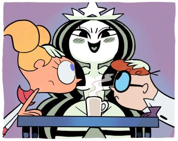 1boy 2girls black_eyes black_hair blonde_hair blue_eyes blush_stickers breasts brother_and_sister censored censored_nipples clothed_female_nude_female clothed_male_nude_female coffee_mug colored_skin convenient_censoring crossover crown cup dee_dee dexter&#039;s_laboratory dexter_(dexter&#039;s_laboratory) gashi-gashi glasses gloves hair_censor hair_over_breasts hand_on_another&#039;s_head lab_coat mug multicolored_hair multiple_girls nude open_mouth orange_hair pink_skirt purple_gloves short_twintails siblings skirt smile starbucks starbucks_siren stb-chan toon_(style) twintails upa_(style) white_hair white_legwear white_skin