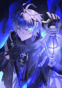 1boy ahoge antenna_hair bishounen black_gloves black_hair blue_fire blue_hair book chinese_commentary closed_mouth commentary_request fire flins_(genshin_impact) genshin_impact gloves hair_between_eyes holding holding_lantern lantern long_sleeves looking_at_viewer male_focus miyoushe_watermark morte_(morte00097530) short_hair solo upper_body watermark yellow_eyes