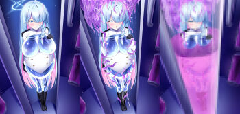 1girl black_boots blue_archive blue_eyes blue_hair blush boots braid breasts censored colored_inner_hair female_ejaculation general_student_council_president_(blue_archive) halo highres iro_ame_(amewaagada) large_breasts long_hair mosaic_censoring multicolored_hair nipple_stimulation nipples open_mouth pink_hair pregnant see-through_body shirt single_braid smile tentacle_sex tentacles transformation tube very_long_hair white_shirt