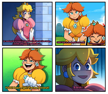 2girls 4koma artist_name blonde_hair blue_eyes blush closed_eyes comic confused crown dress earrings embarrassed english_text gloves grass highres jewelry mario_(series) multiple_girls nintendo open_mouth orange_hair princess_daisy princess_peach smile speech_bubble talking teeth thegreyzen tomboy