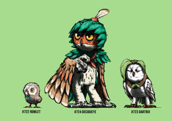 1other absurdres beak bird blacknirrow body_fur brown_wings character_name claws closed_eyes closed_mouth dartrix decidueye english_text evolutionary_line feathered_wings full_body furry gen_7_pokemon green_background green_fur green_theme half-closed_eyes hand_up highres leaf multicolored_fur nintendo other_focus owl pokedex_number pokemon pokemon_(creature) realistic red_fur rowlet simple_background sketch white_fur wings yellow_eyes