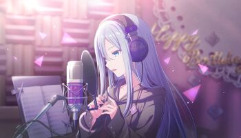 Rule 34 | 1girl, blue eyes, blurry, blurry background, brooch, collarbone, colorful palette, expressionless, fingernails, game cg, grey hoodie, hands up, happy birthday, highres, hood, hoodie, jewelry, looking afar, microphone, musical staff, official art, open mouth, profile, project sekai, sideways mouth, solo, studio microphone, third-party source, triangle, unbuttoned sleeves, white hair, yoisaki kanade