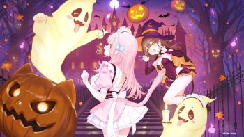 2girls ahoge animal_ears animal_print autumn_leaves back bat_(animal) black_cape black_leotard black_skirt black_sleeves black_tail black_wings blue_bow blue_ribbon blush bow braid breasts brown_hair cande candle cape cat_ears cat_girl cat_hair_ornament cat_print cat_tail claw_pose commentary_request demon_tail demon_wings detached_sleeves dress extra_ears fence fingernails full_moon ghost gloves green_eyes green_nails hair_bow hair_ornament hairclip halloween hat highres indie_virtual_youtuber large_breasts leaf leotard long_hair long_sleeves maid maid_headdress mansion median_furrow monyu_tennyo moon multiple_girls nail_polish night open_mouth orange_cape orange_skirt pink_dress pink_eyes pink_hair pink_tail pink_wings pointy_ears pumpkin purple_hat purple_sky ribbon short_sleeves shoulder_blades single_thighhigh skirt sky smile stairs star_(symbol) suspenders tail tail_ornament tail_ribbon thigh_strap thighhighs thighs tongue tongue_out tree twitter_username virtual_youtuber white_bow white_dress white_gloves white_thighhighs wings witch_hat yuuki_sakuna yuuki_sakuna_(3rd_costume)