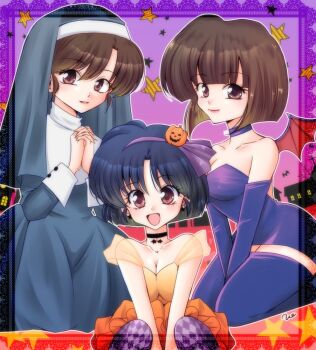 Rule 34 | 3girls, :d, bare shoulders, black choker, blue dress, blue hair, breasts, brown eyes, brown hair, choker, cleavage, closed mouth, collarbone, commentary, demon wings, dress, jack-o'-lantern, multiple girls, nun, nun headdress, open mouth, orange dress, purple background, purple choker, purple dress, ranma 1/2, red wings, short hair, siblings, sisters, smile, tendou akane, tendou kasumi, tendou nabiki, traditional nun, uehara doh, wings