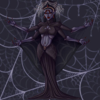 Rule 34 | 1girl, arthropod girl, black dress, black hair, black shirt, colored skin, commentary, crop top, crown, daedra, dress, earrings, english commentary, extra arms, extra eyes, fingernails, grey background, grey skin, highres, insect girl, jewelry, long fingernails, long hair, mephala, midriff, no pupils, outstretched arms, pointy ears, red eyes, red nails, shirt, silk, smile, spider girl, spider web, the elder scrolls, the elder scrolls ii: daggerfall, tiredela
