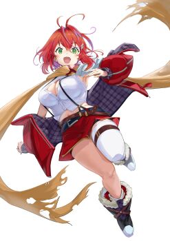 1girl :d absurdres akane_canna akane_canna_(1st_costume) ankle_boots armor armpits belt black_belt black_boots blush boots breasts brown_scarf button_gap cleavage commentary_request fang floating_scarf full_body fur-trimmed_boots fur_trim green_eyes hair_between_eyes hair_intakes hair_ornament highres hiyoku_no_crosspiece jacket jacket_partially_removed knees_together_feet_apart large_breasts leg_up long_sleeves looking_at_viewer medium_hair midriff miniskirt multicolored_hair nanashi_inc. navel open_mouth pauldrons plaid_clothes plaid_jacket puffy_long_sleeves puffy_sleeves purple_hair purple_jacket red_hair red_jacket red_skirt sankyo_(821-scoville) scarf shirt shoulder_armor simple_background single_pauldron single_thighhigh skin_fang skirt sleeveless sleeveless_shirt smile solo streaked_hair suspender_skirt suspenders thigh_strap thighhighs torn_clothes torn_scarf two-sided_fabric two-sided_jacket two-tone_hair virtual_youtuber white_background white_shirt white_thighhighs wing_hair_ornament