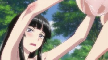 2girls animated animated_gif black_hair blush breasts grabbing_another&#039;s_breast groping highres hoods_entertainment manyuu_hikenchou manyuu_kagefusa molestation multiple_girls nipples nude purple_eyes sayama_ouka small_breasts struggling sweat takagi_jun yuri