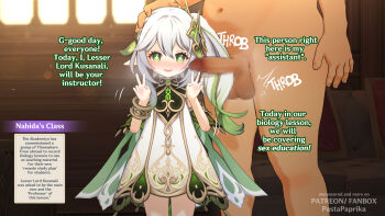 1boy 1girl 3d arms_up blender_(medium) censored clothed_female_nude_male dark-skinned_male dark_skin dialogue_box english_text fat fat_man flat_chest genshin_impact gradient_hair green_eyes head_pat hetero highres indoors loli looking_at_viewer mihoyo mosaic_censoring multicolored_hair nahida_(genshin_impact) nude older_male_and_younger_female pastapaprika peace_symbol penis penis_out self-upload side_ponytail size_difference solo_focus standing testicles text_focus white_hair