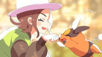 1girl black_sleeves blush blush_stickers brown_hair closed_eyes commentary_request fist_bump gen_5_pokemon green_jacket harmony_(pokemon) hat highres jacket long_sleeves nintendo open_mouth pokemon pokemon_(creature) pokemon_legends:_z-a short_hair smile star_(symbol) tepig white_hat wonoko