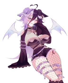1girl :3 ahoge belt belt_buckle black_bra black_choker black_shorts blush bra breasts buckle choker cleavage closed_mouth colored_extremities commentary cowboy_shot double-parted_bangs english_commentary fang fang_out fishnet_pantyhose fishnet_top fishnets hair_between_eyes harunaki heart heart_ahoge horns indie_virtual_youtuber large_breasts long_hair long_sleeves looking_at_viewer lunaerys_michurii multicolored_hair one_eye_closed pantyhose purple_belt purple_eyes purple_hair second-party_source short_shorts shorts simple_background single_bare_shoulder sleeves_past_wrists smile solo spiked_choker spikes thigh_belt thigh_strap two-tone_hair underwear virtual_youtuber white_background wings