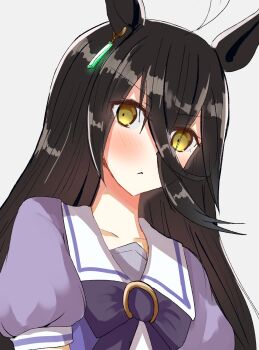 1girl :< ahoge animal_ears blush bow bowtie closed_mouth commentary_request ear_ornament ear_tag earrings hair_between_eyes highres horse_ears horse_girl jewelry long_hair long_hair_between_eyes manhattan_cafe_(umamusume) mary_janes multicolored_hair puffy_short_sleeves puffy_sleeves purple_bow purple_bowtie purple_shirt sailor_collar shirt shoes short_sleeves simple_background single_earring solo umamusume umayonyosi white_background white_hair white_sailor_collar white_shirt yellow_eyes