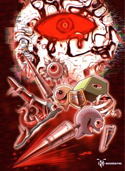 Rule 34 | artist logo, blood, bloody tears, ghost knight (kirby), highres, i3 (kirby), kennydotpng, kirby (series), kirby 64, lance, logo, looking at viewer, maw (kirby), monsieurdotpng, mumbies (kirby), nintendo, no humans, one-eyed, open mouth, polearm, red background, red theme, saliva, sawyer (kirby), shield, tongue, trait connection, weapon, zero two (kirby)